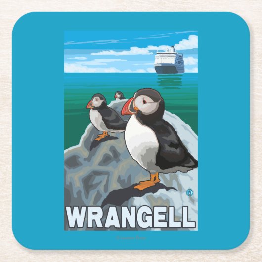 ツノメドリ及び遊航船- Wrangell、アラスカ スクエアペーパーコースター (正面)