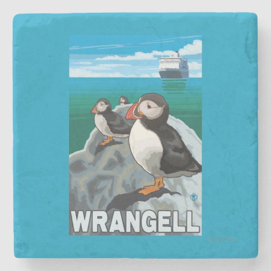 ツノメドリ及び遊航船- Wrangell、アラスカ ストーンコースター (正面)
