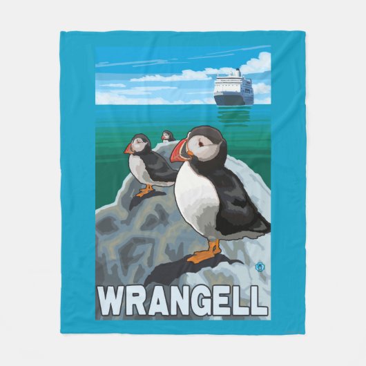 ツノメドリ及び遊航船- Wrangell、アラスカ フリースブランケット (正面)