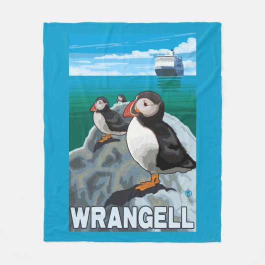 ツノメドリ及び遊航船- Wrangell、アラスカ フリースブランケット (正面)