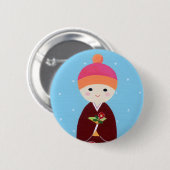 ツバキが付いているKokeshiの人形 缶バッジ (正面&裏面)