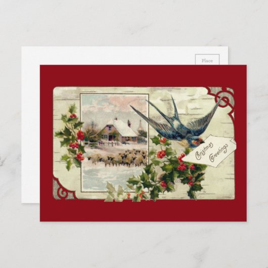 ツバメとヒツジのビンテージクリスマス シーズンポストカード (正面/裏面)