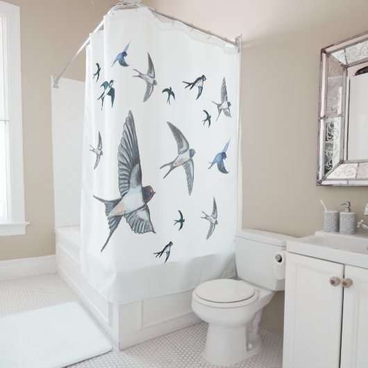 ツバメの飛んでいる群れイラストレーション シャワーカーテン (インサイチュ)