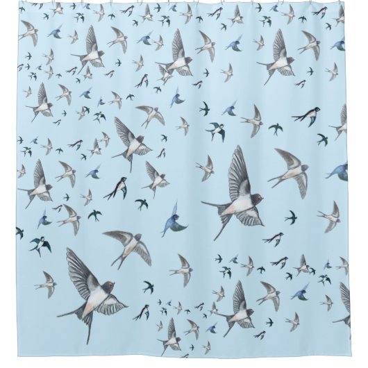ツバメの飛んでいる群れイラストレーション シャワーカーテン (正面)