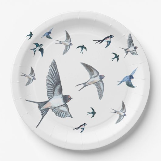 ツバメの飛んでいる群れイラストレーション ペーパープレート (正面)