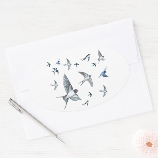 ツバメの飛んでいる群れイラストレーション 楕円形シール (封筒)