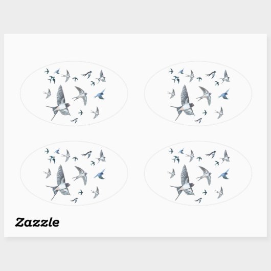 ツバメの飛んでいる群れイラストレーション 楕円形シール (シート)