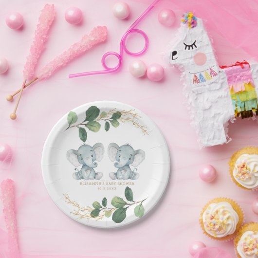 ツモダンインエレファントグリーン金ゴールドベビーシャワー ペーパープレート (パーティー)