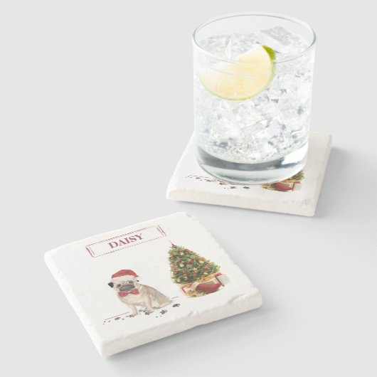 ツリーおもしろい付きパグクリスマスドッグ ストーンコースター (横)
