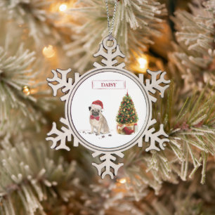 ツリーおもしろい付きパグクリスマスドッグ スノーフレークピューターオーナメント