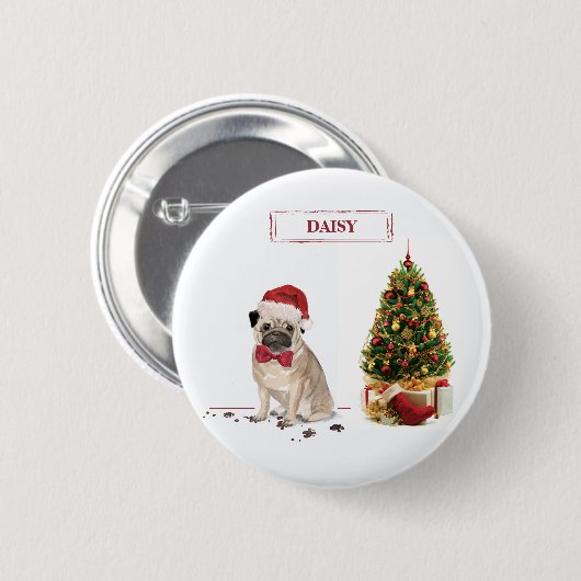 ツリーおもしろい付きパグクリスマスドッグ 缶バッジ (正面&裏面)