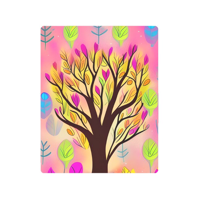 ツリーかわいらしカラフルイラストレーション メタルプリント (正面)