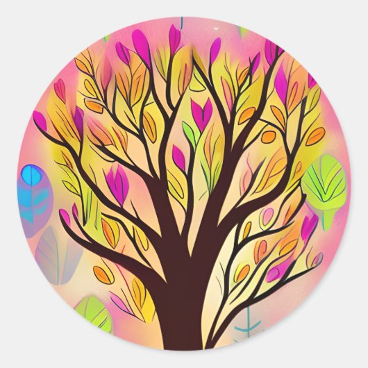 ツリーかわいらしカラフルイラストレーション ラウンドシール (正面)