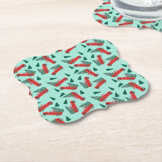 ツリーが赤いクリスマストラック ペーパーコースター (アングル)