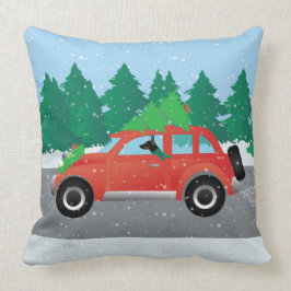 ツリーでクリスマスカーを運転するネズミ・テリア クッション