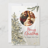 ツリーとハッピーニューイヤーとクリスマスファミリーの写真 招待状 (正面)