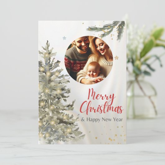 ツリーとハッピーニューイヤーとクリスマスファミリーの写真 招待状 (スタンド正面)