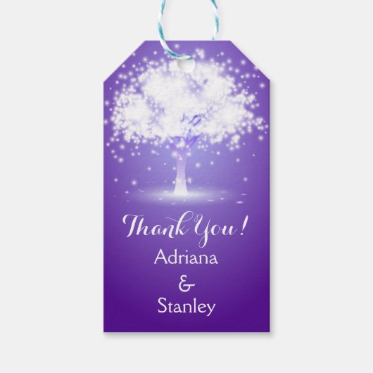 ツリーとライきらめくトパープル結婚の感謝 ギフトタグ (正面)