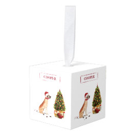 ツリーと大おもしろいきなダンのクリスマス犬 キューブオーナメント