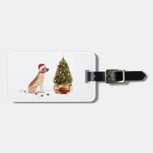 ツリーと大おもしろいきなダンのクリスマス犬 ラゲッジタグ (正面横)