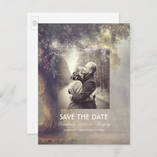 ツリーと文字列のラ素朴イト写真の日付を保存 案内ポストカード (正面/裏面)