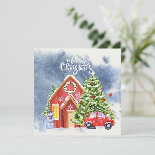 ツリーと赤い車の雪とメリークリスマスハウス シーズンカード (スタンド正面)