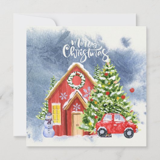 ツリーと赤い車の雪とメリークリスマスハウス シーズンカード (正面)