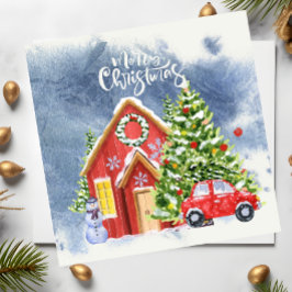 ツリーと赤い車の雪とメリークリスマスハウス シーズンカード