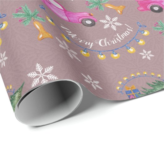 ツリーと願いを持つ赤ピンクのクリスマストラック ラッピングペーパー (ロールコーナー)