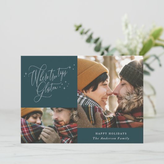 ツリーのトップが写真の数々のクリスマスを輝く シーズンカード (スタンド正面)