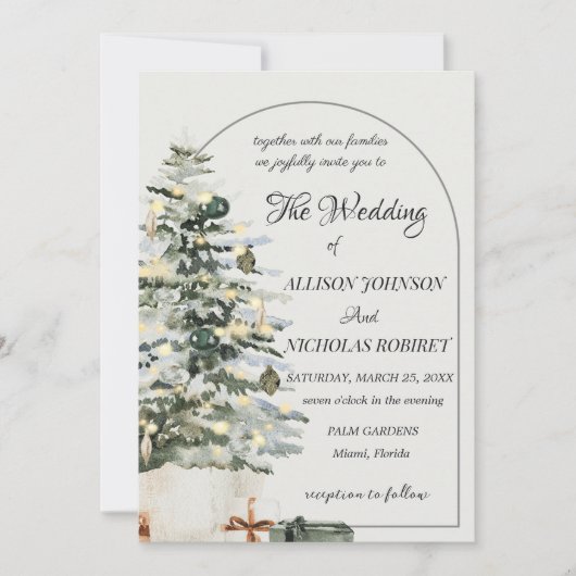 ツリーのライトウィンタークリスマス結婚式招待状。 招待状 (正面)