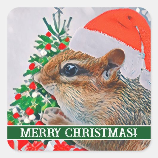 ツリーの前にクリスマスハットを持つチップムンク スクエアシール (正面)