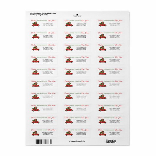 ツリーの白と赤いクリスマスカーを移動する新しい家 ラベル (フルシート)