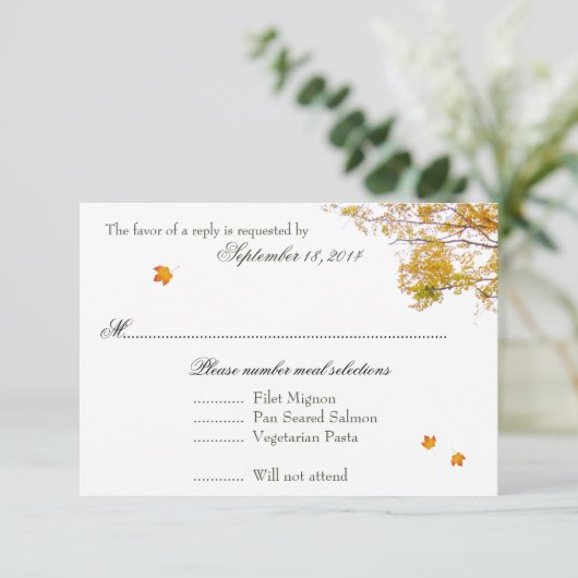 ツリーの秋の結婚式メニュー返信カード 出欠カード (スタンド正面)
