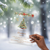 ツリーの花輪の赤い花模様クリスマスパーティー霜 アクリル招待状
