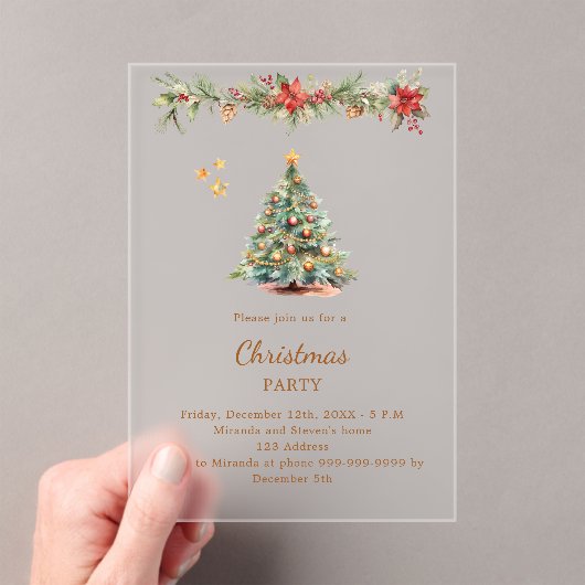 ツリーの花輪の赤い花模様クリスマスパーティー霜 アクリル招待状 (インサイチュ (ポータブル))