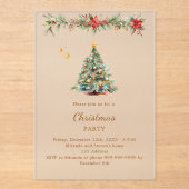 ツリーの花輪の赤い花模様クリスマスパーティー霜 アクリル招待状 (正面)