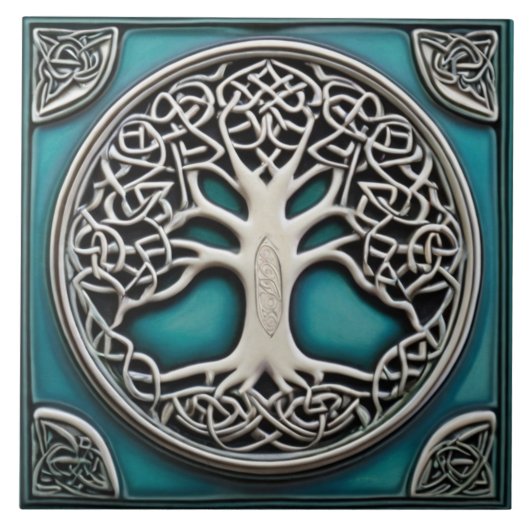 ツリーオブライフアクアターコイズフェイクレリーフ、 浮き彫りケルト タイル (正面)