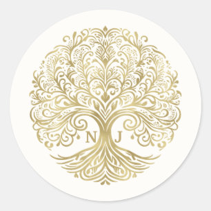 ツリーオブライフクリーム&金ゴールドケルト結婚ト ラウンドシール