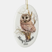 ツリーカスタムのクリスマスの水色フクロウの日付 セラミックオーナメント (右)