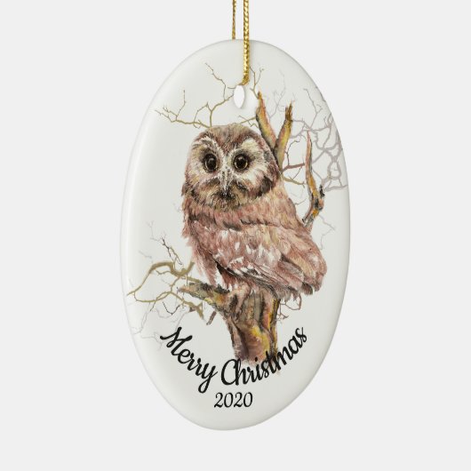 ツリーカスタムのクリスマスの水色フクロウの日付 セラミックオーナメント (右)