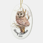 ツリーカスタムのクリスマスの水色フクロウの日付 セラミックオーナメント (左)