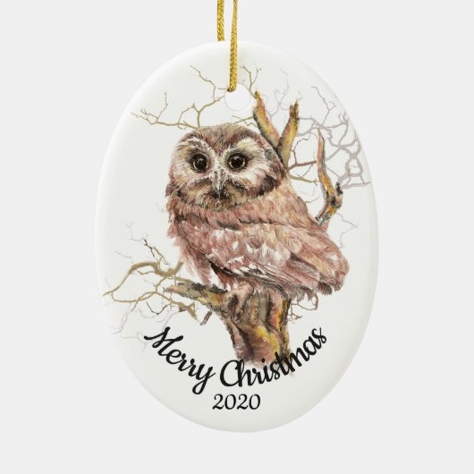 ツリーカスタムのクリスマスの水色フクロウの日付 セラミックオーナメント (裏面)