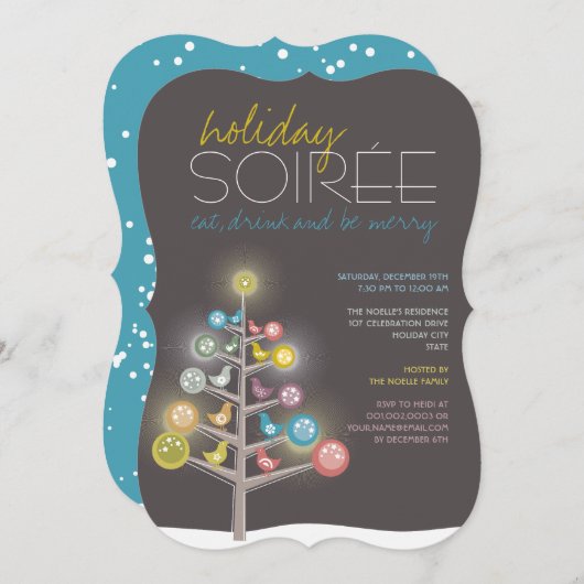 ツリーカラフル&バードホリデーソーリーパーティー招待状 招待状 (正面/裏面)