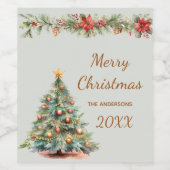 ツリーガーランドレッド花模様クリームクリスマスパーティー ワインラベル (シングルラベル)