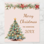 ツリーガーランドレッド花模様クリームクリスマスパーティー ワインラベル (シングルラベル)