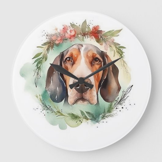 ツリーキング・ウォーカー・クリスマスリースの祝祭の子犬 ラージ壁時計 (正面)