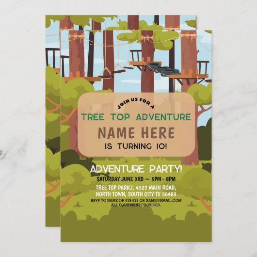 ツリートップ誕生日アドベンチャーパークアウトドア招待状 招待状 (正面/裏面)