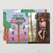 ツリートップ誕生日アドベンチャーパークピンクガール写真 招待状 (正面/裏面)