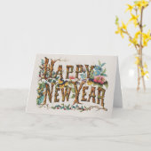 ツリートランクス、どんぐり、花での新年おめでとう カード (黄色い花)